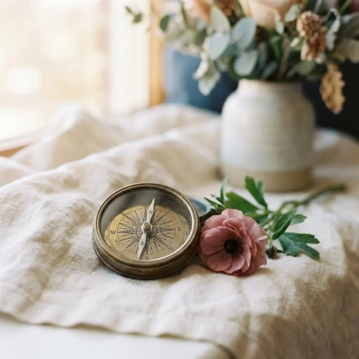 A vintage brass compass resting on soft cream linen beside a rose-colored flower — a symbol of calm guidance