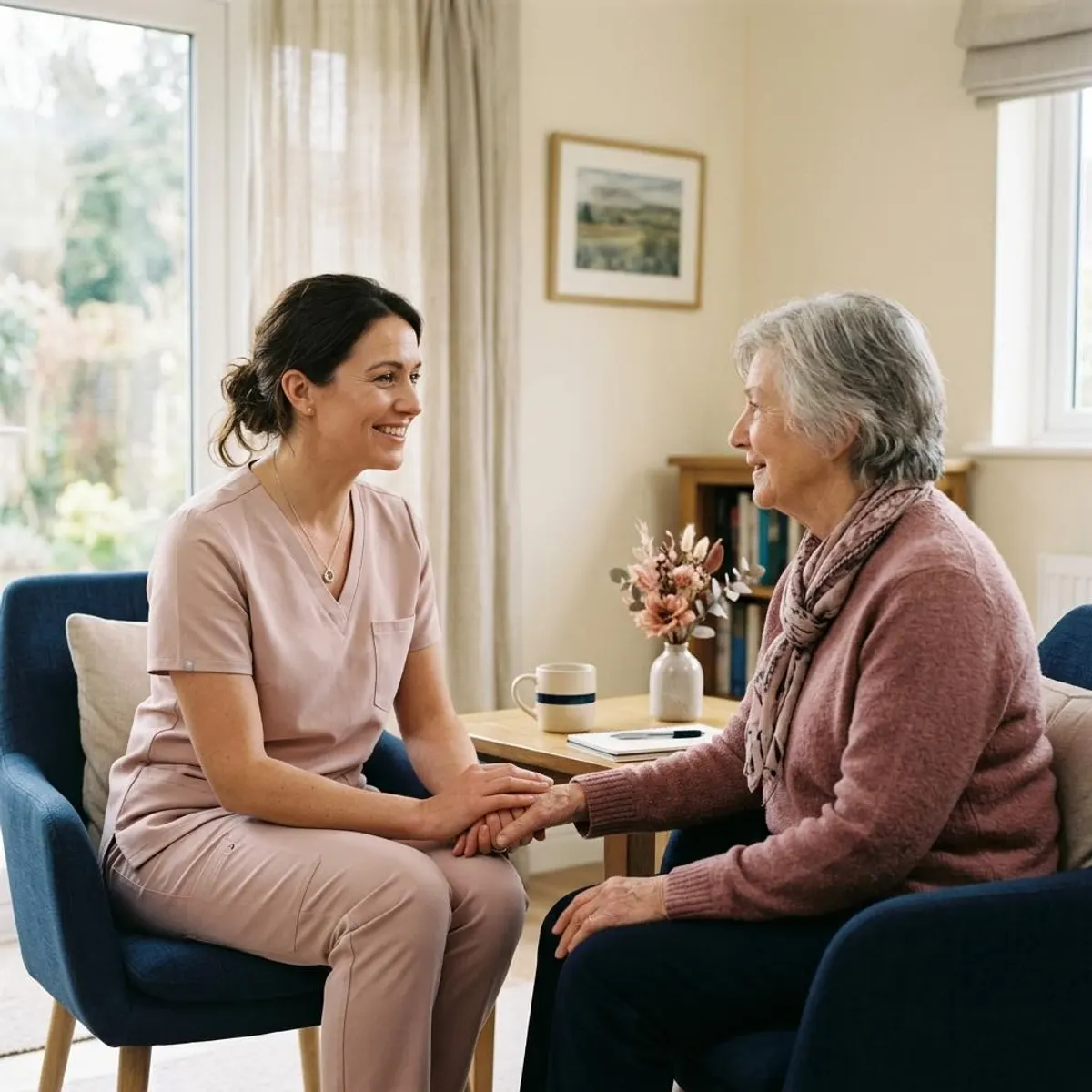 A caring team member in warm, unhurried conversation with a patient