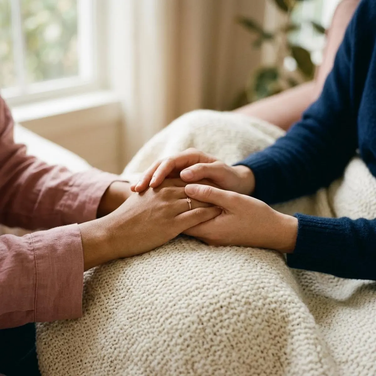 Two pairs of women's hands gently clasped together in reassurance