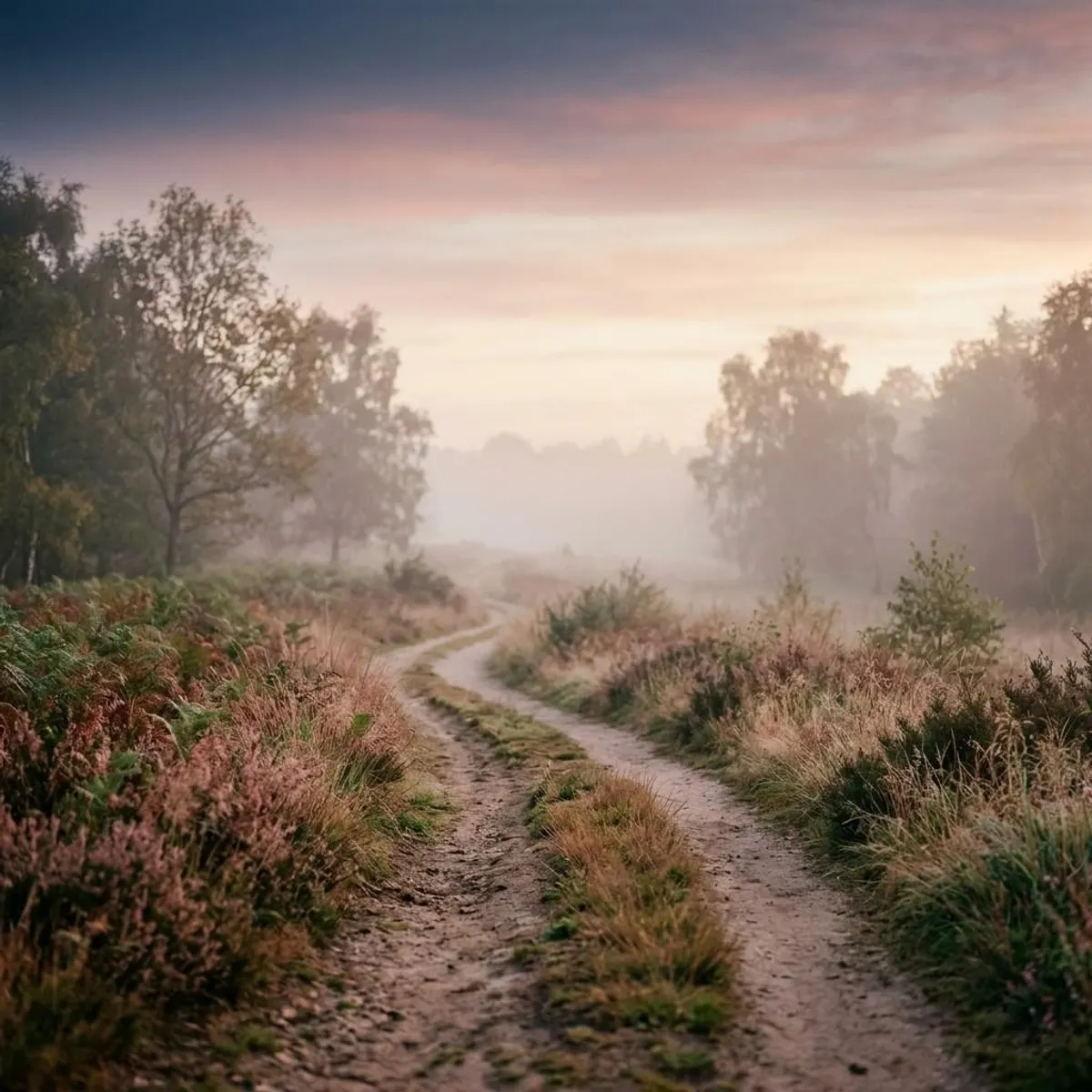 A serene path winding through soft morning mist at dawn — a calm journey forward